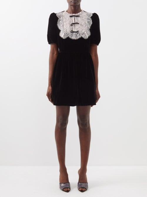 Saloni - Cherie Lace-trim Velvet Mini Dress - Womens - Black