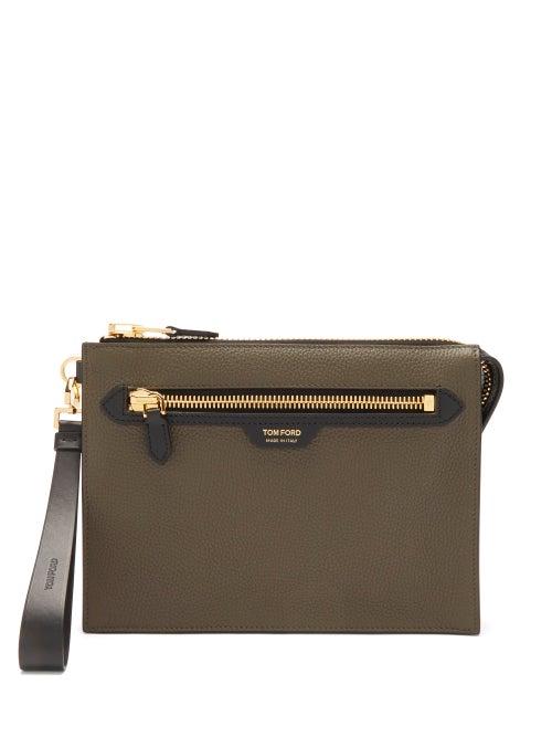 Mens Bags Tom Ford - Grained-leather Wristlet Pouch - Mens - Black Khaki