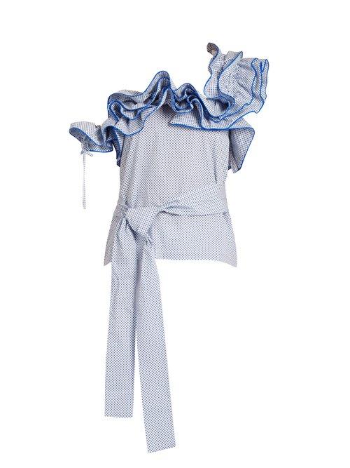 Matchesfashion.com Rosie Assoulin - Iris One Shoulder Ruffle Trimmed Cotton Top - Womens - Blue Print