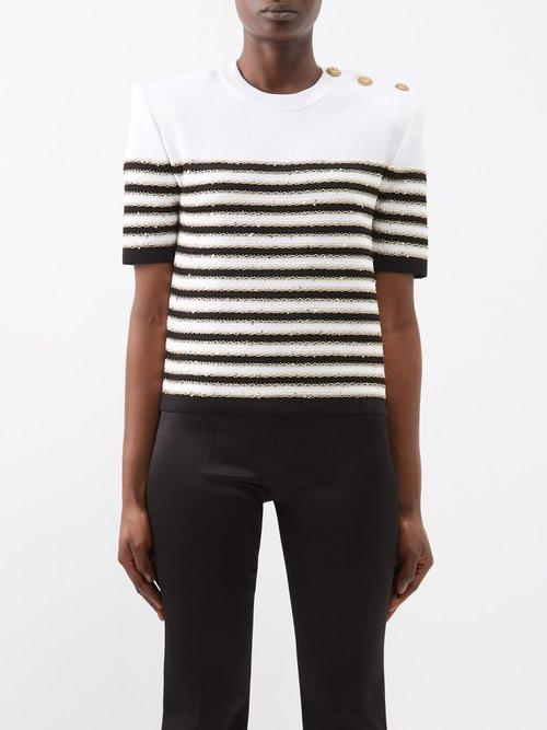 Balmain - Embroidered Striped-knit Top - Womens - Black Stripe