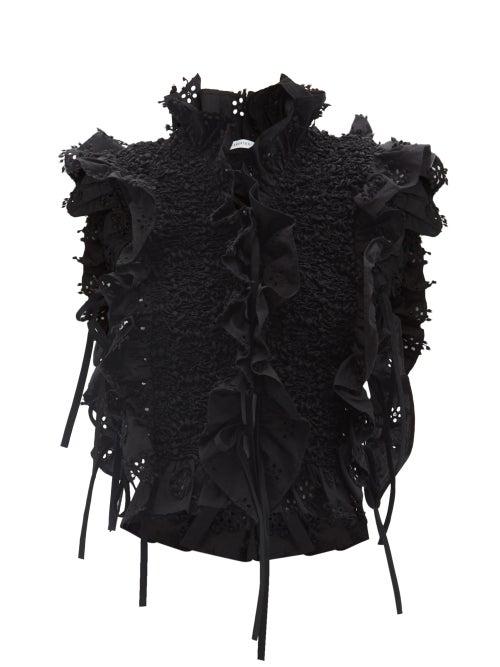 Matchesfashion.com Cecilie Bahnsen - Lehanne Smocked Broderie-angaise Cotton-blend Top - Womens - Black