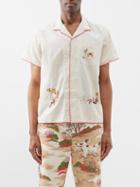 Harago - Village Narrative Embroidered Linen Shirt - Mens - White Multi