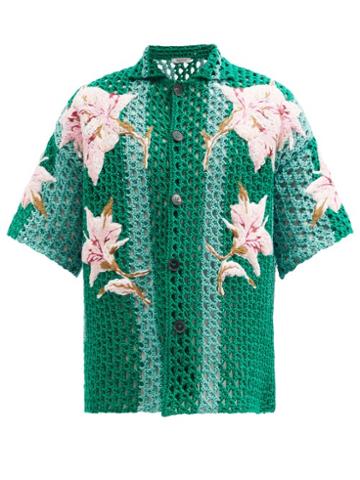 Matchesfashion.com Valentino - Floral-embroidered Crochet Polo Shirt - Mens - Green