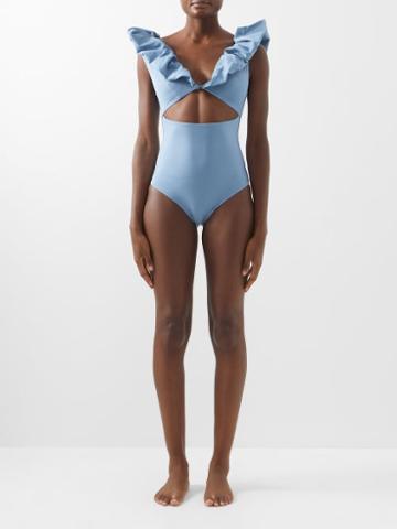 Maygel Coronel - Ixora Ruffled Cutout Swimsuit - Womens - Light Blue