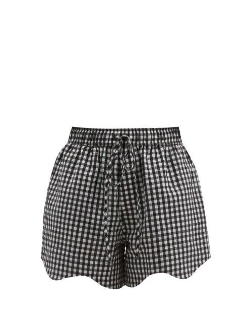 Ganni - Drawstring-waist Gingham-seersucker Shorts - Womens - Black