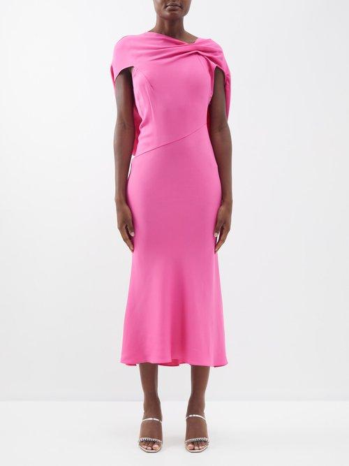 Roland Mouret - Draped Fluted-hem Crepe Midi Dress - Womens - Pink