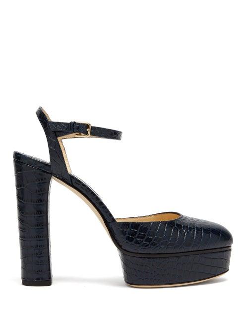 Matchesfashion.com Jimmy Choo - Maple 125 Crocodile Effect Leather Platform Pumps - Womens - Navy