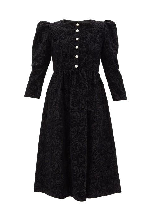 Matchesfashion.com Batsheva - Square-neck Paisley Flocked Wool Midi Dress - Womens - Black