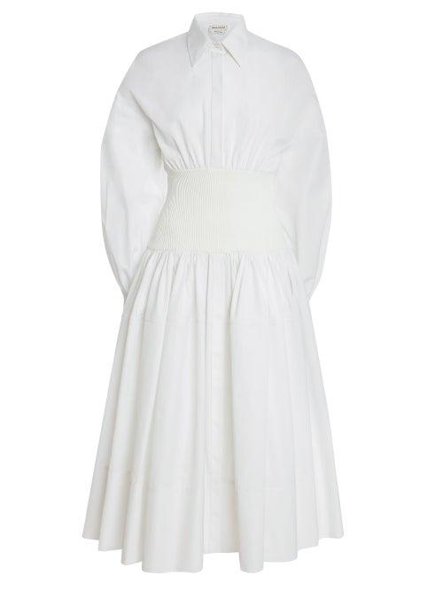Alexander Mcqueen - Shirred-waist Cotton-poplin Shirt Dress - Womens - White