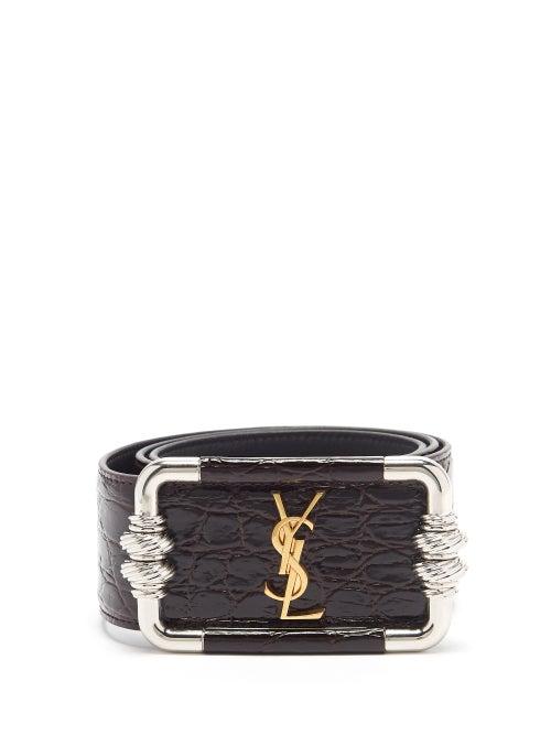 Matchesfashion.com Saint Laurent - Monogram Crocodile-effect Leather Belt - Womens - Brown