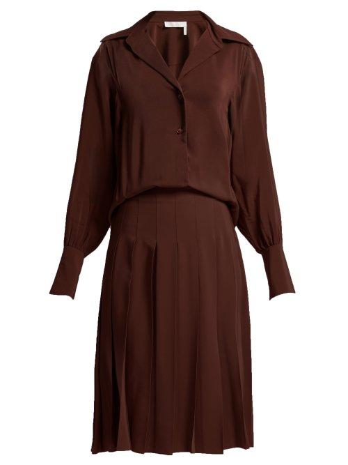 Matchesfashion.com Chlo - Pleated Silk Crepe De Chine Shirtdress - Womens - Dark Brown