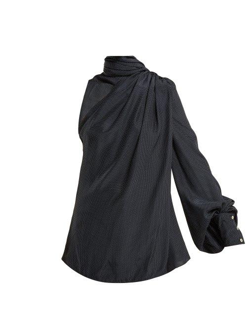 Matchesfashion.com Hillier Bartley - Asymmetric Fringed Scarf Silk Satin Blouse - Womens - Navy White