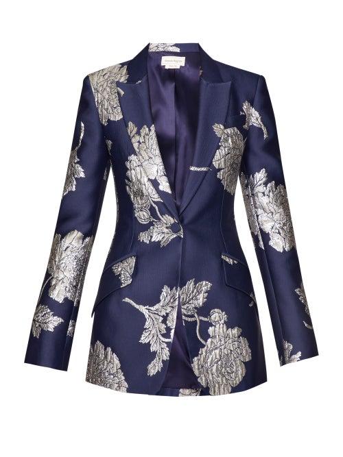 Matchesfashion.com Alexander Mcqueen - Floral Jacquard Single Breasted Satin Blazer - Womens - Navy Multi