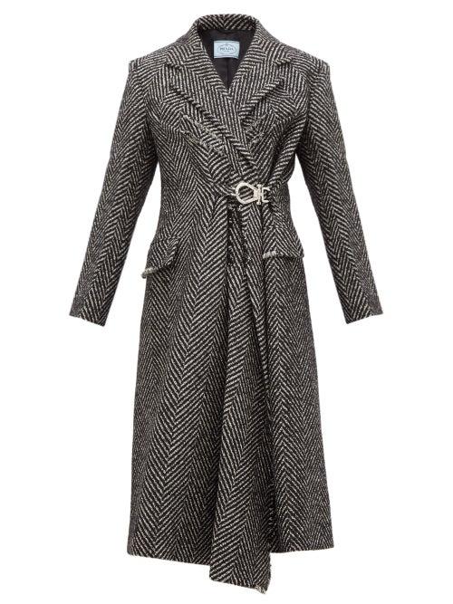 Matchesfashion.com Prada - Gathered Waist Raw Edge Wool Blend Coat - Womens - Black White