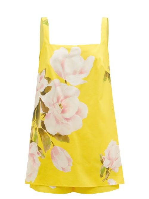 Matchesfashion.com Valentino - Peonia-print Cotton-blend Satin Jumpsuit - Womens - Yellow Multi