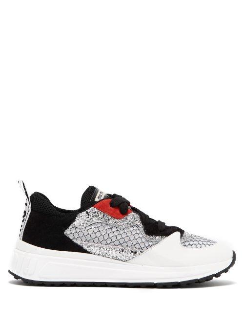 Matchesfashion.com Miu Miu - Glitter Embellished Suede And Mesh Trainers - Womens - Black Red