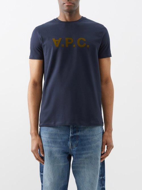 A.p.c. - Vpc Flocked-logo Organic-cotton Jersey T-shirt - Mens - Navy