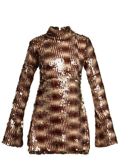 Matchesfashion.com Halpern - Sequin Embellished High Neck Flared Sleeve Dress - Womens - Animal