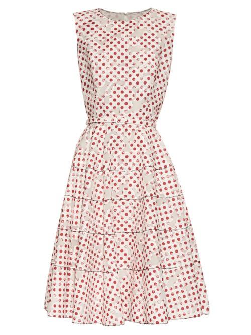 Oscar De La Renta Polka-dot Print Floral-devor A-line Dress