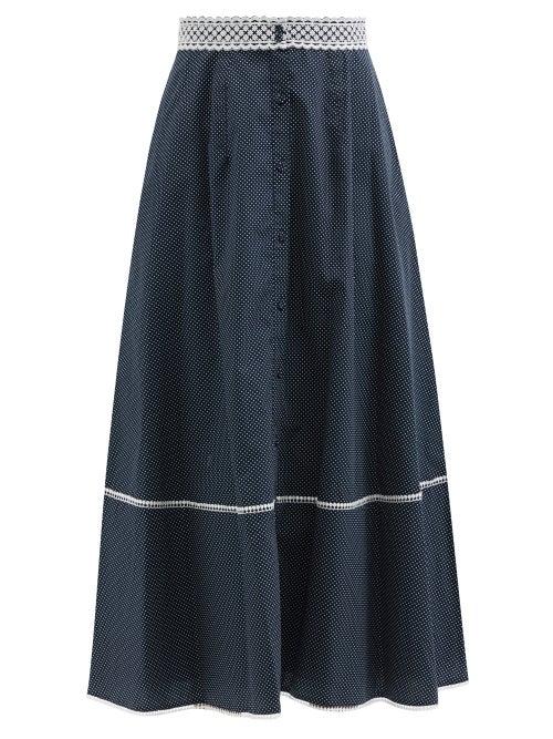 Erdem - Mervyn Lace-trim Dotted-poplin Midi Skirt - Womens - Navy White