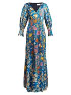 Matchesfashion.com Peter Pilotto - Floral-print Hammered Silk-blend Gown - Womens - Blue Multi