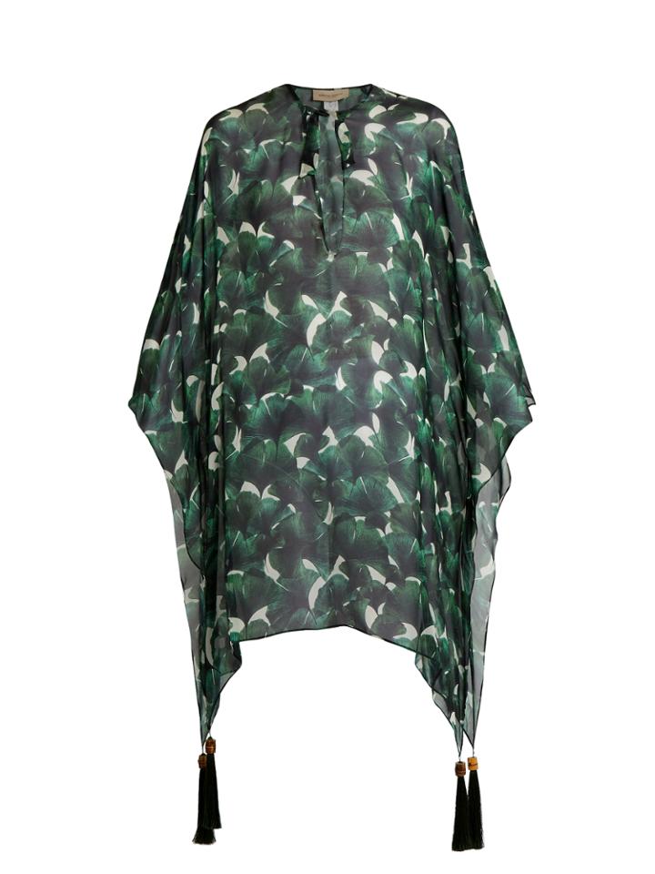 Adriana Degreas Ginkgo-print V-neck Silk Kaftan