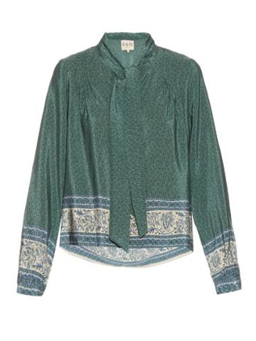 Sea Tie-neck Border-print Silk Blouse