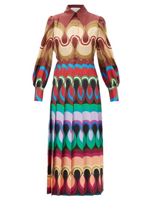 Matchesfashion.com Gucci - Pleated Wave Print Silk Satin Dress - Womens - Burgundy Multi