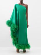 Taller Marmo - Extravaganza One-shoulder Feather-trim Crepe Gown - Womens - Green