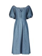 Sea Puff-sleeved Lace-up Cotton-chambray Dress