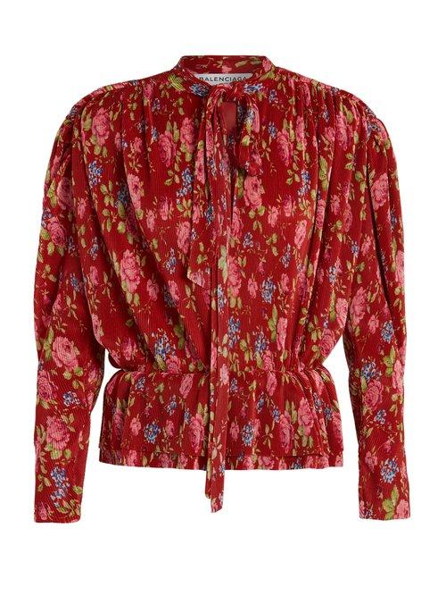 Matchesfashion.com Balenciaga - Pleated Lavalliere Blouse - Womens - Red Print