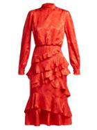 Matchesfashion.com Saloni - Isa Floral Jacquard Silk Dress - Womens - Red
