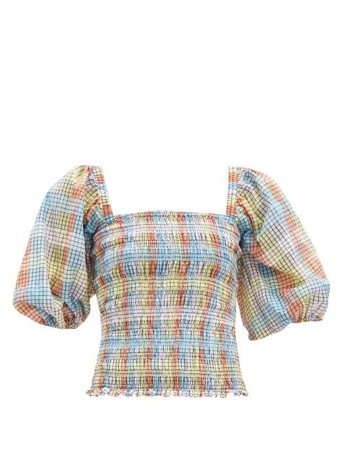 Matchesfashion.com Ganni - Balloon-sleeve Checked Cotton-blend Seersucker Top - Womens - Multi
