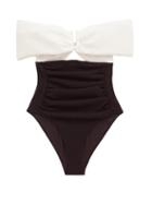 Matchesfashion.com Self-portrait - Off-the-shoulder Cutout Swimsuit - Womens - White Black