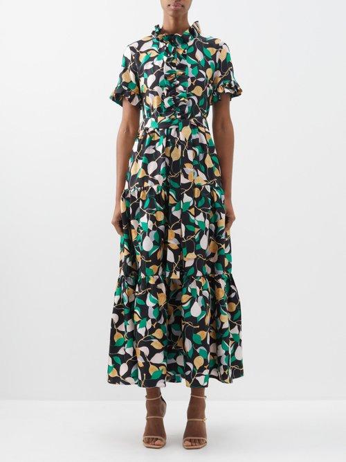 La Doublej - Ruffled Fruit-print Silk-twill Dress - Womens - Green Print
