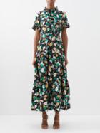 La Doublej - Ruffled Fruit-print Silk-twill Dress - Womens - Green Print