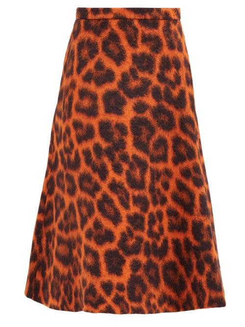 Matchesfashion.com Rochas - Leopard-print Alpaca-blend Midi Skirt - Womens - Orange Multi