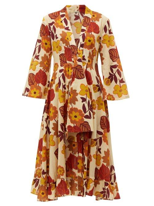 Matchesfashion.com Dodo Bar Or - Charlotte Tie Front Floral Print Cotton Midi Dress - Womens - Cream Print