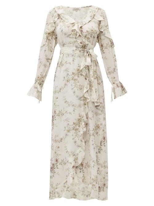 Matchesfashion.com D'ascoli - Bedford Floral Print Ruffle Trim Silk Dress - Womens - Beige