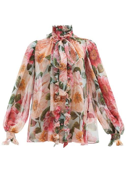 Matchesfashion.com Dolce & Gabbana - Pussy-bow Camelia-print Silk-chiffon Blouse - Womens - Pink Print