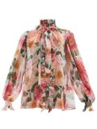 Matchesfashion.com Dolce & Gabbana - Pussy-bow Camelia-print Silk-chiffon Blouse - Womens - Pink Print