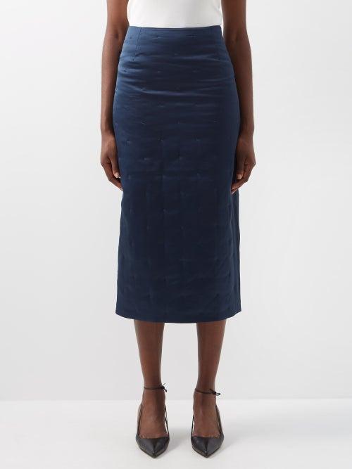 Toteme - High-waist Padded Silk-satin Midi Skirt - Womens - Dark Blue