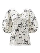 Ladies Rtw Julie De Libran - Gilda Puffed-sleeve Floral-print Silk Blouse - Womens - White Black