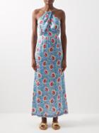 Paco Rabanne - Floral-print Satin Maxi Dress - Womens - Blue Print