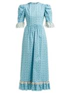Matchesfashion.com Batsheva - Floral Print Ruffled Cotton Dress - Womens - Blue Multi