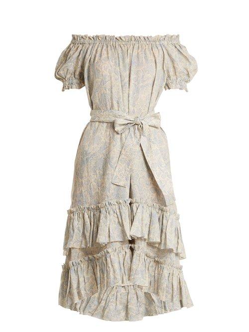 Matchesfashion.com Zimmermann - Helm Off The Shoulder Linen Dress - Womens - Cream Multi