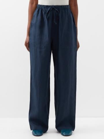Eskandar - Drawstring-waist Linen Wide-leg Trousers - Womens - Navy