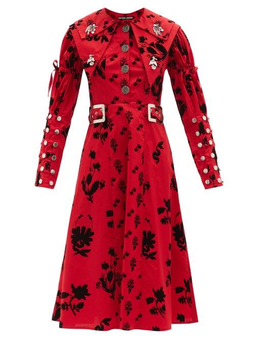 Matchesfashion.com Chopova Lowena - Floral-print Organic Cotton-poplin Midi Dress - Womens - Red