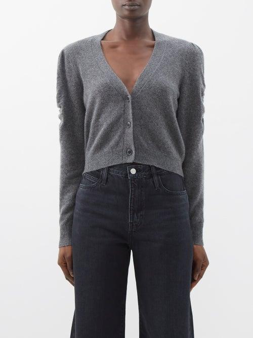 Frame - Shirred Sleeve Cashmere Cardigan - Womens - Dark Grey