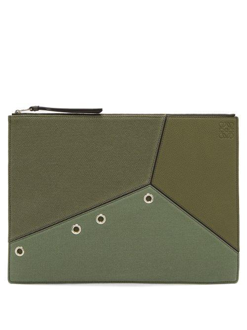 Matchesfashion.com Loewe - Puzzle Leather And Canvas Pouch - Mens - Khaki Multi